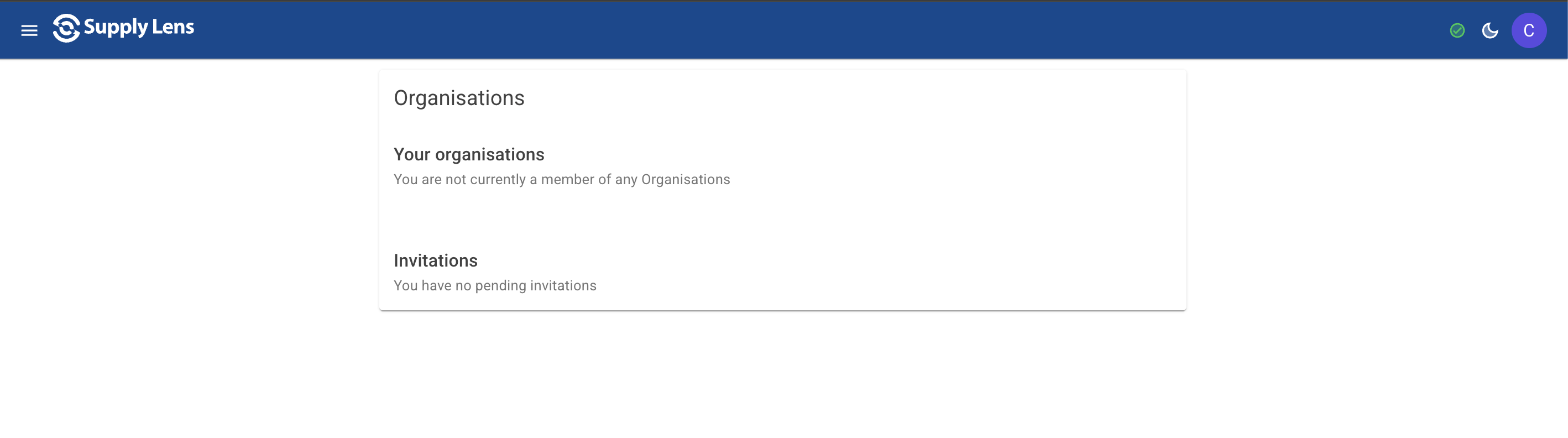 An empty list of organisations after first signing in