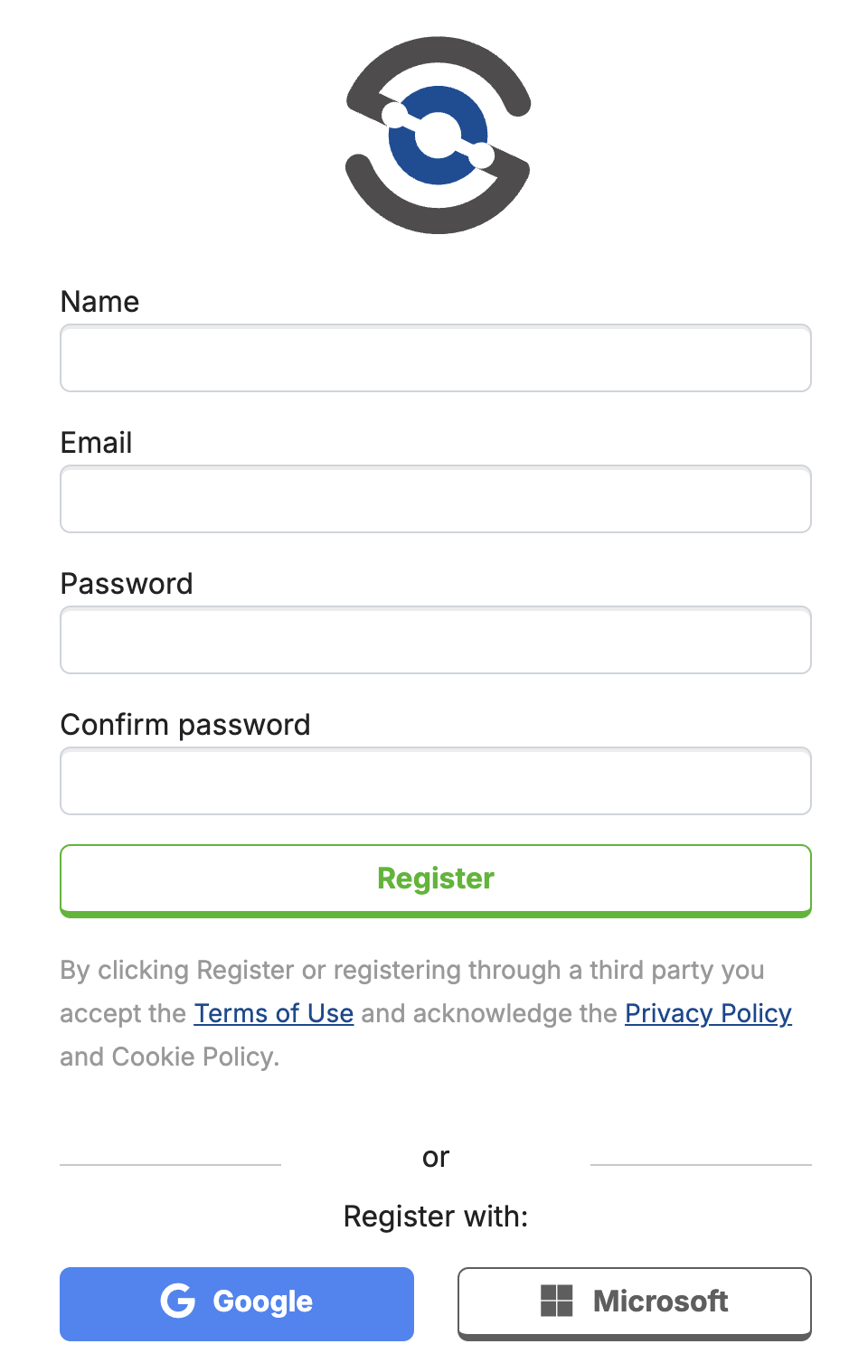 The Supply Lens registration form, with fields for name, email and password and buttons to register with Google or Microsoft