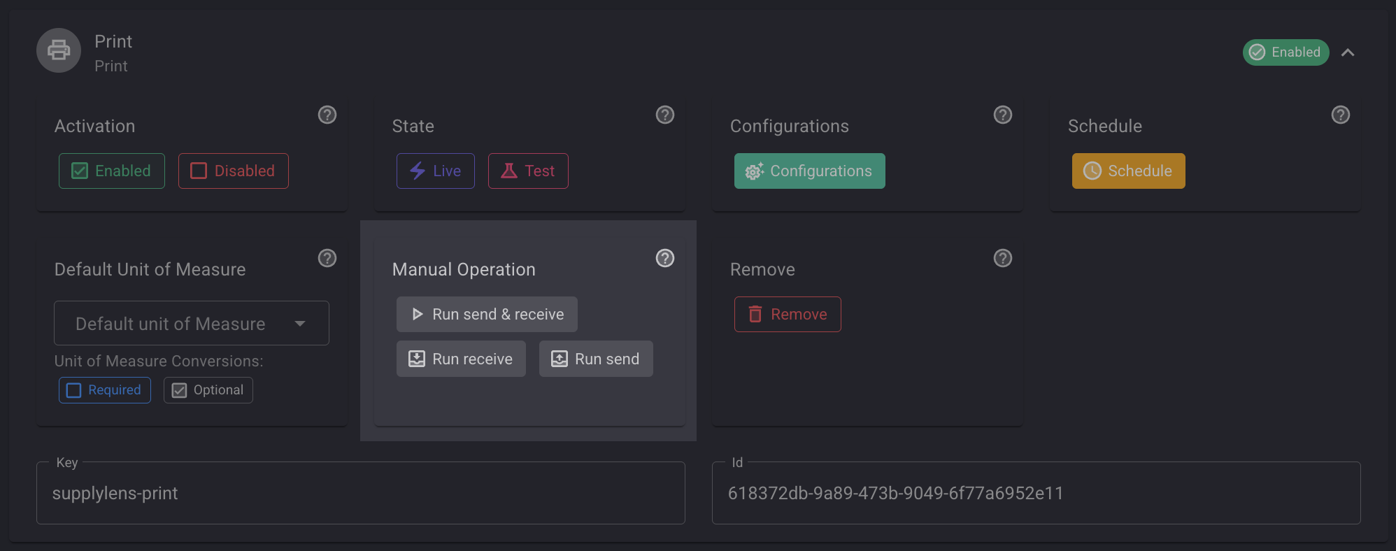 The Manual Operation card with Run send and receive, Run receive and Run send buttons