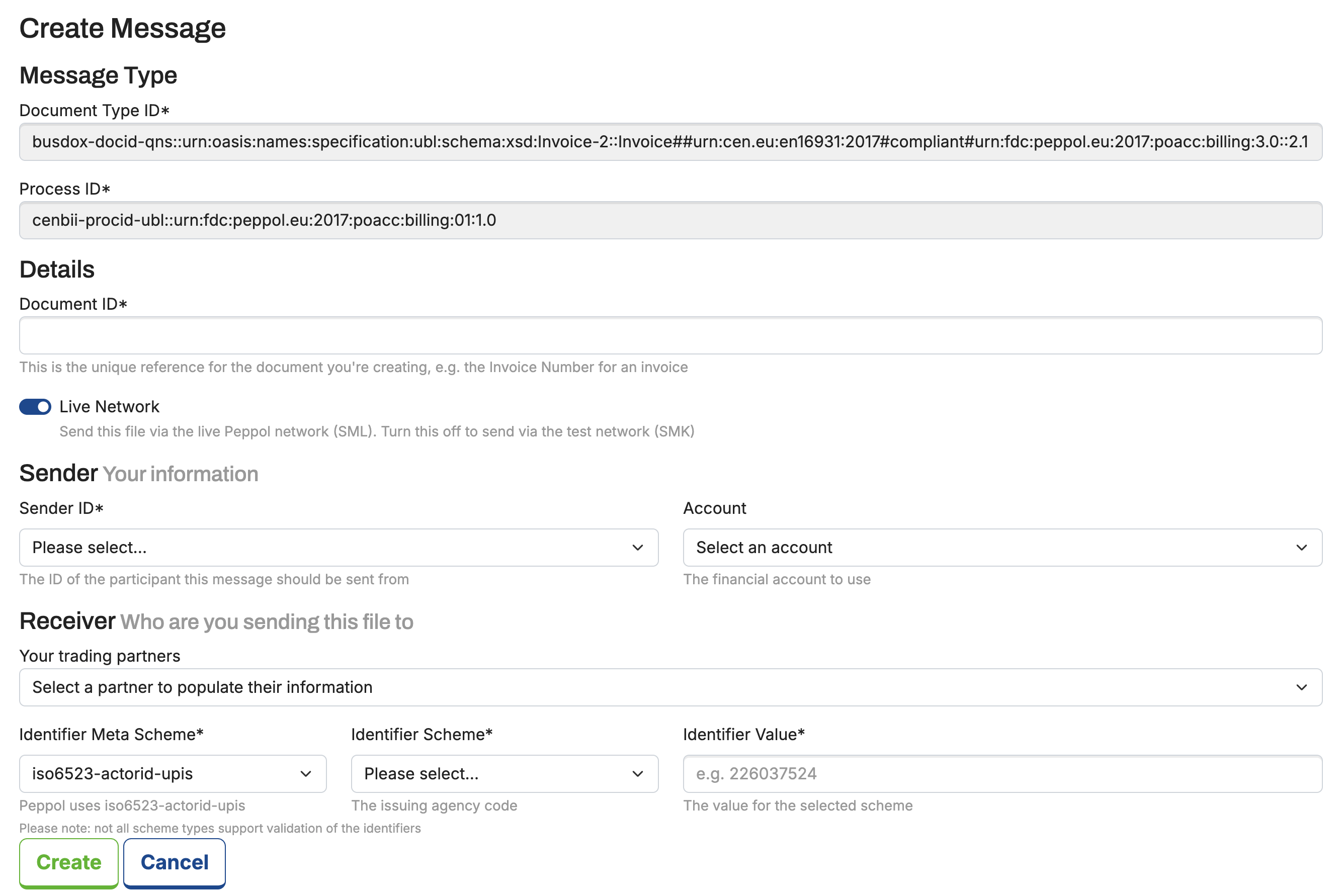 The Create Message form with Document ID, network toggle, Sender ID, Account and Receiver