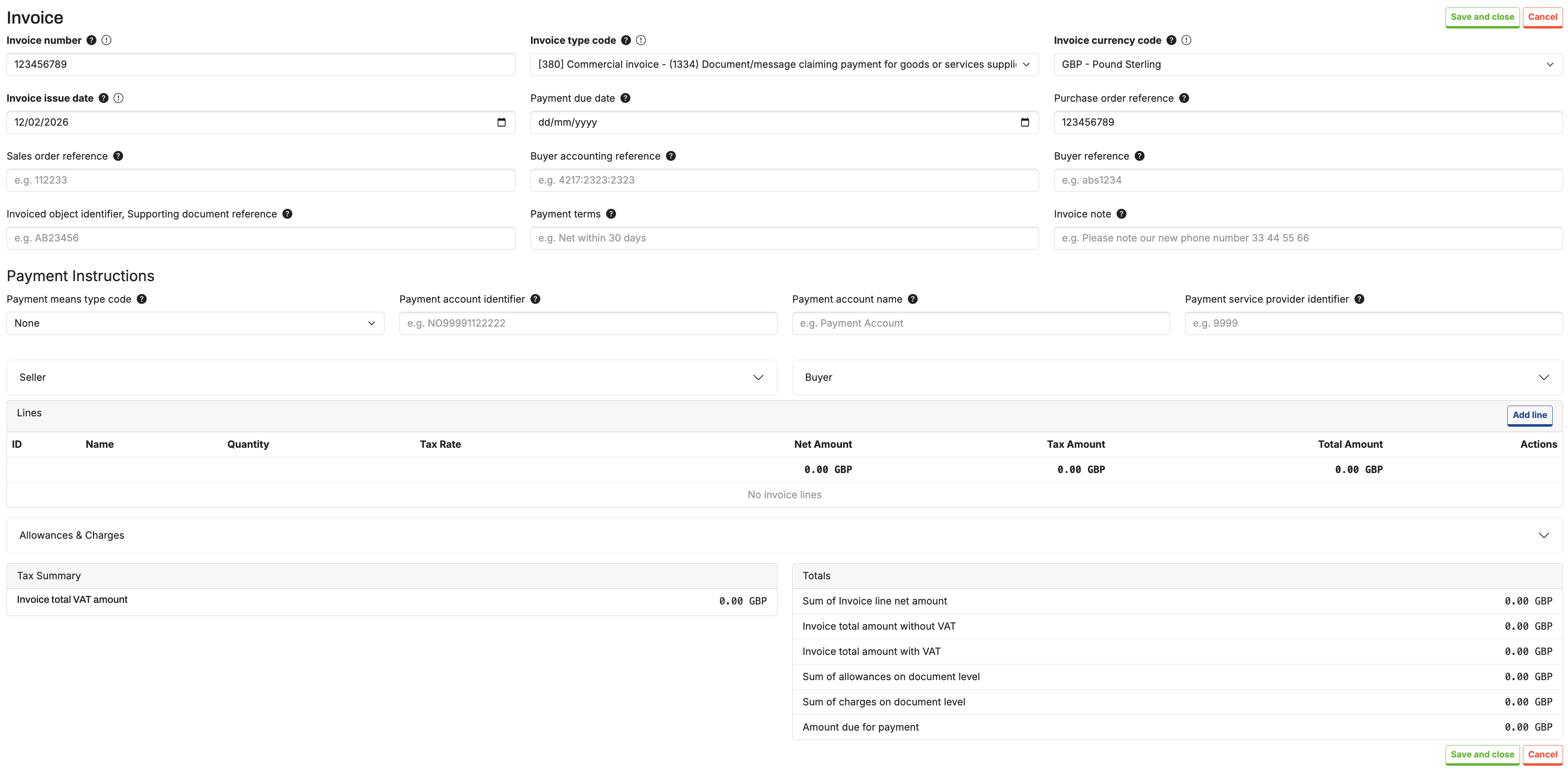 The Message Editor for an invoice with fields and tooltips