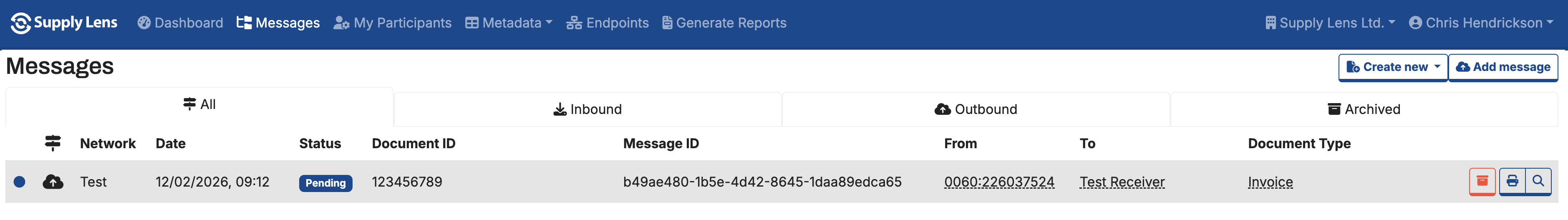 The Peppol Messages screen listing messages with Network, Date, Status and other columns