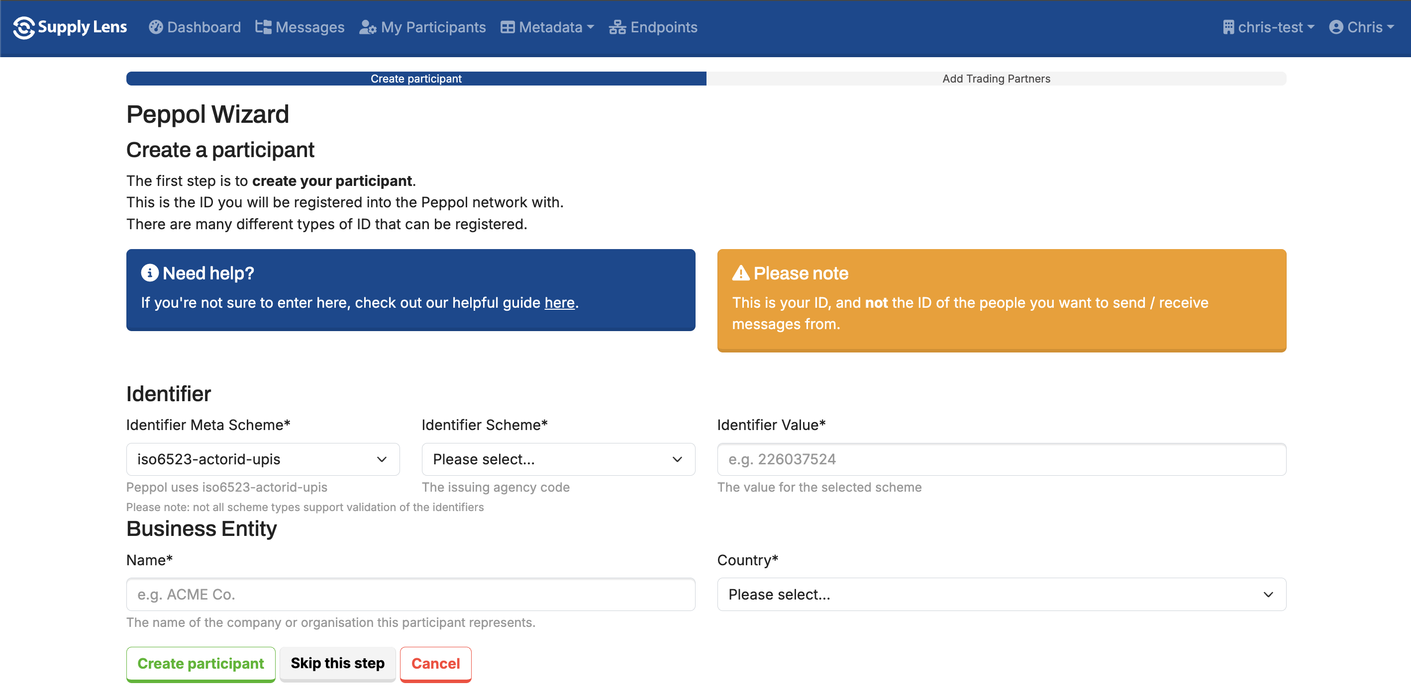 The first step of the Peppol Wizard with Identifier and Business Entity sections