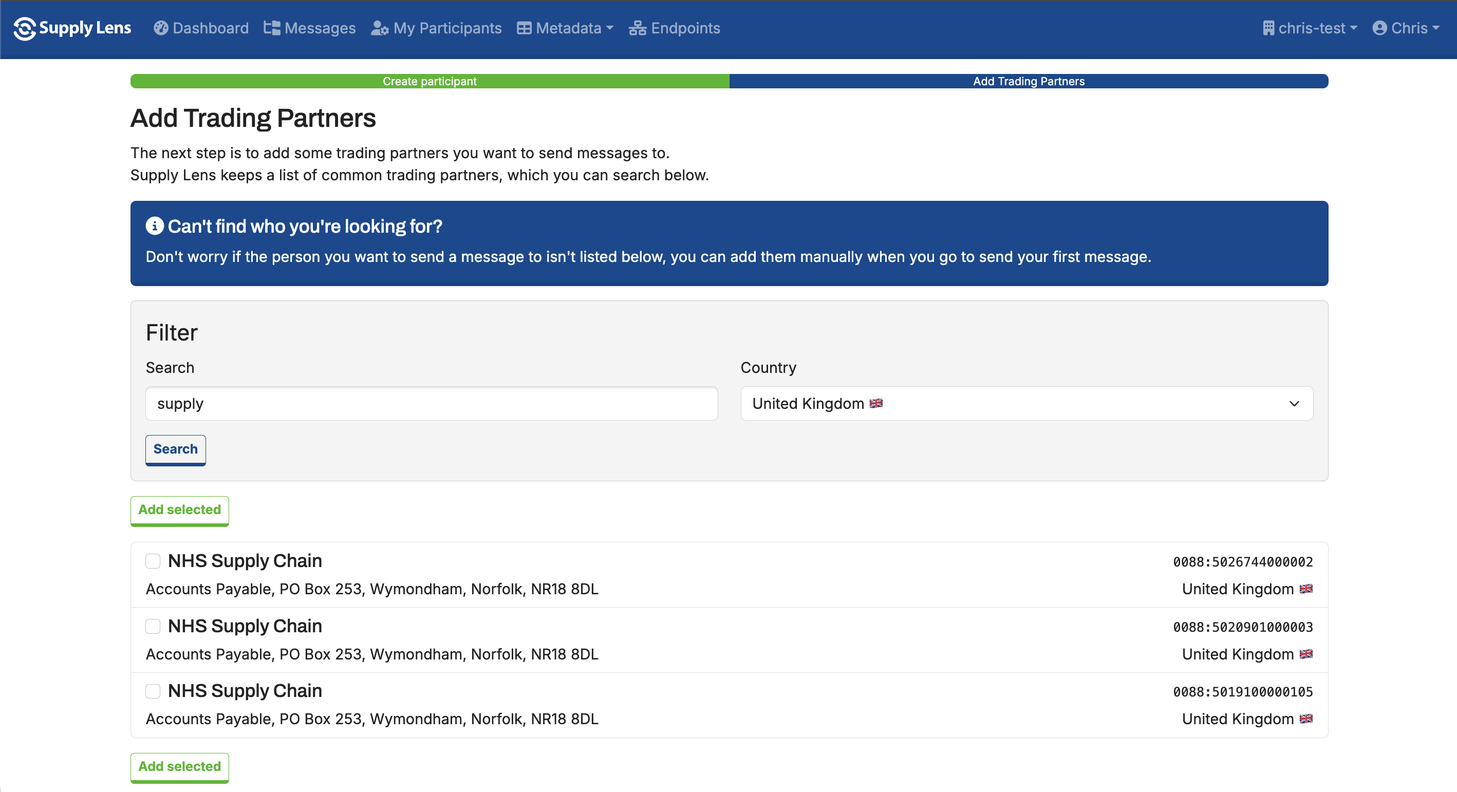 The trading partners step of the Peppol Wizard with a search box, country filter and checkboxes