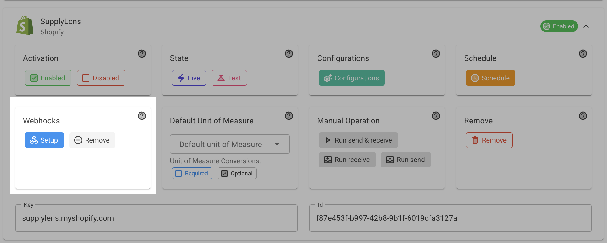 The Setup button in the Webhooks section of a Shopify Integration