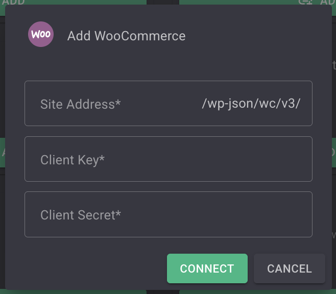 The form to create a WooCommerce Integration, with Site Address, Client Key and Client Secret fields