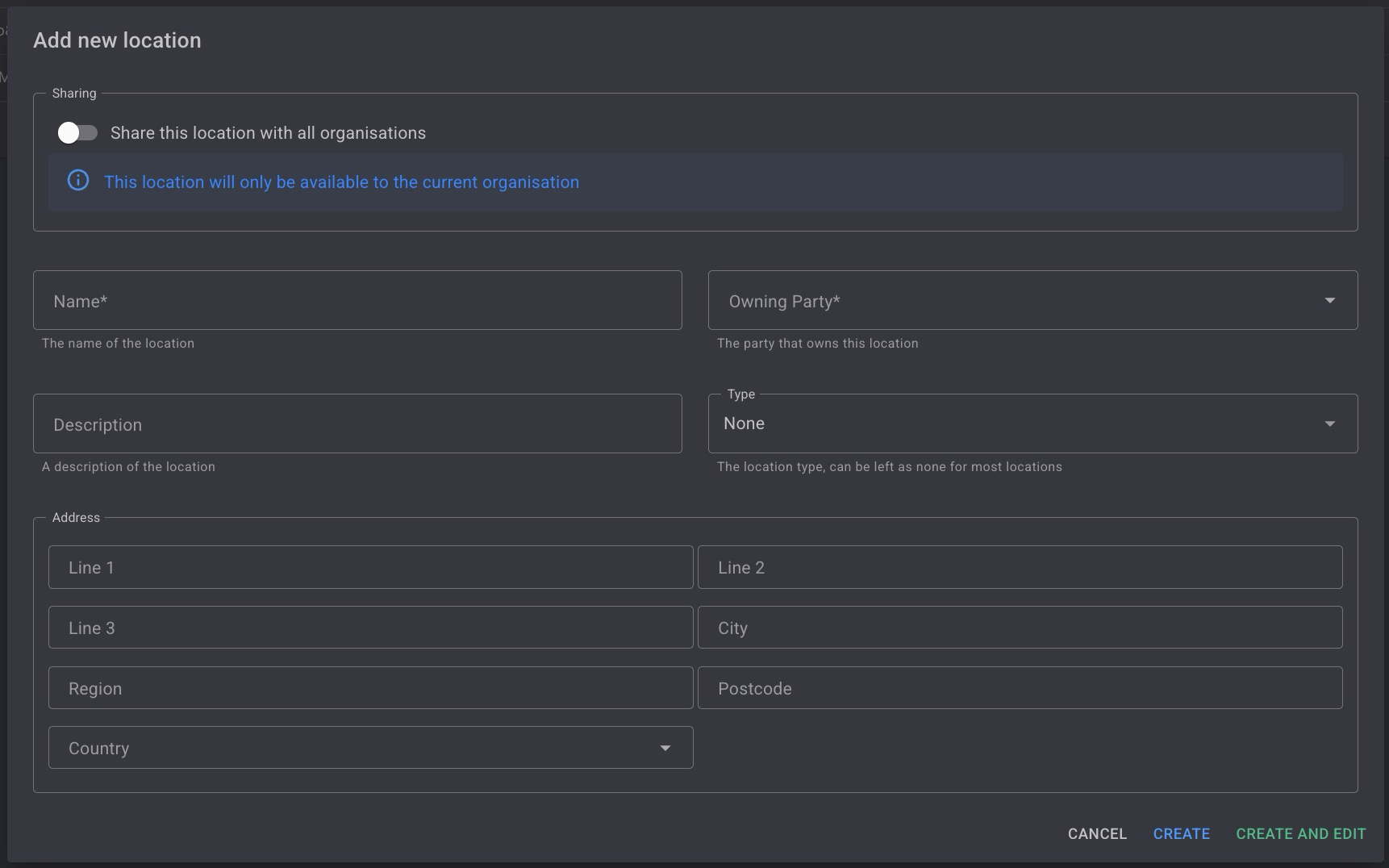 The Add new location window with Sharing, Name, Owning Party, Description, Type and Address fields