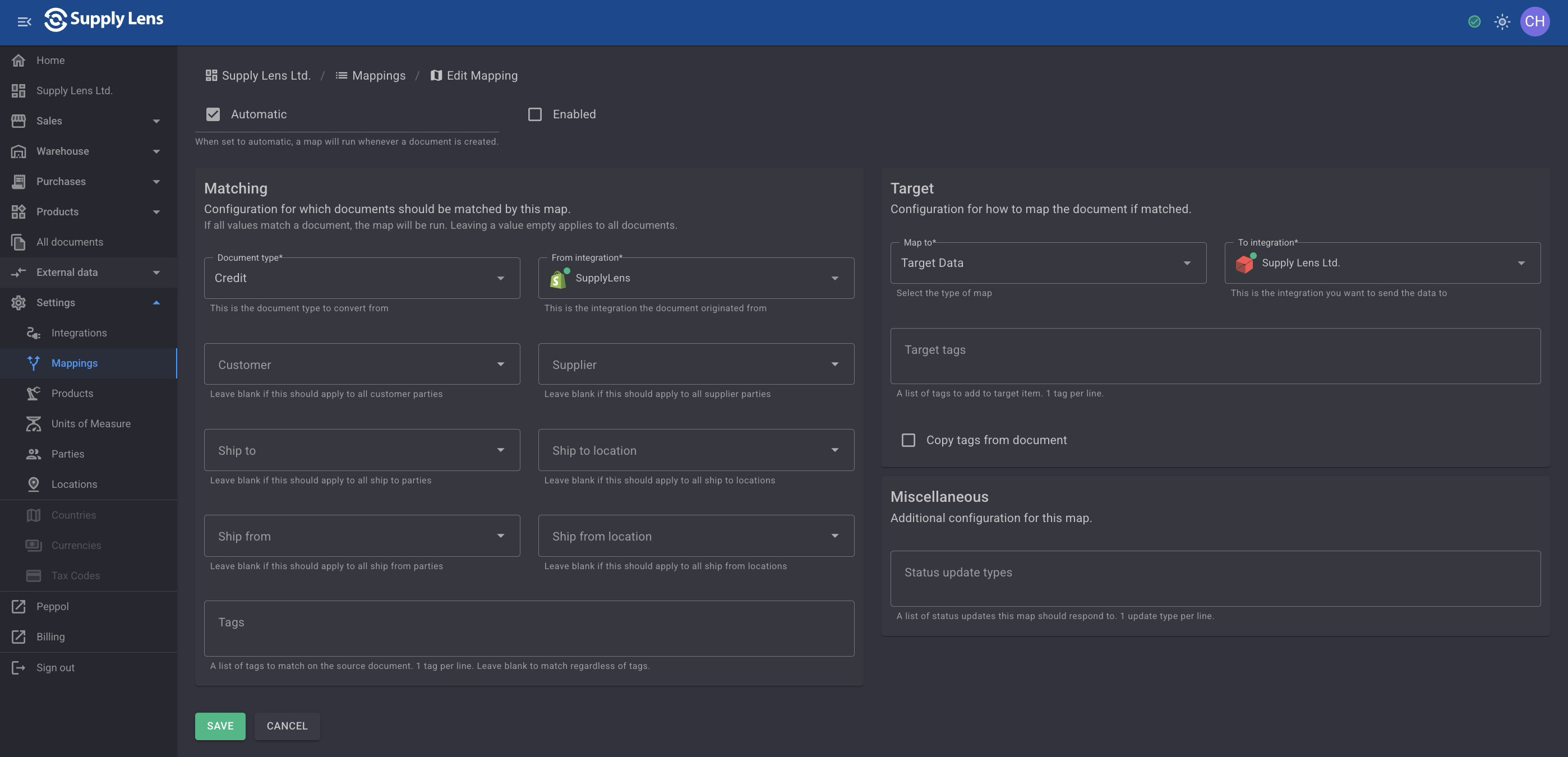 The Edit Mapping screen with Automatic and Enabled check boxes, a Matching section, a Target section and a Miscellaneous section