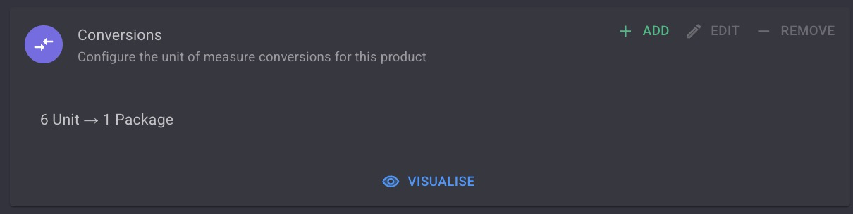 The Conversions section of a Product with the + ADD button