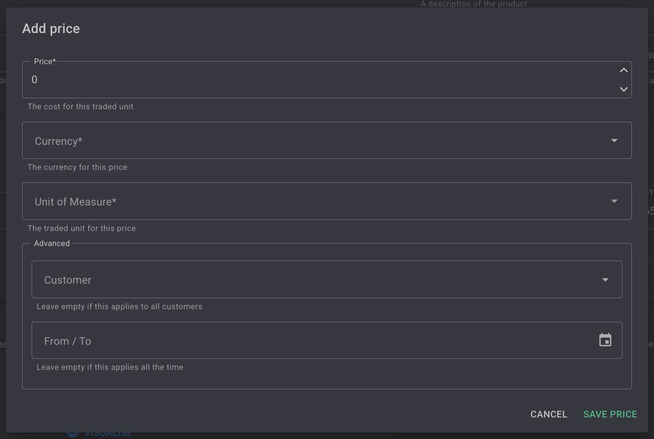 The Add price window, with Price, Currency and Unit of Measure fields and an Advanced section for Customer and From/To dates
