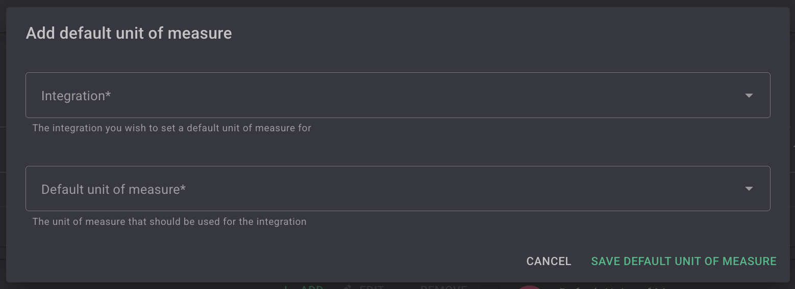 The Default Units of Measure section on a Product, with Integration and Default unit of measure drop-downs
