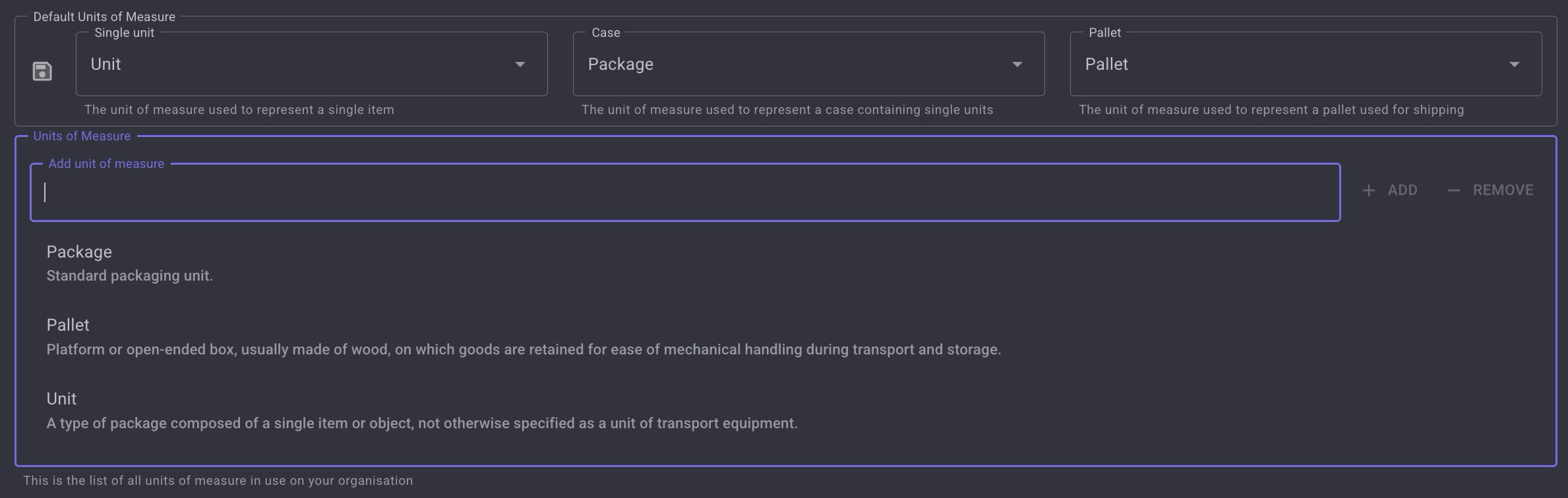 Typing a unit into the Add unit of measure box and choosing it from the list