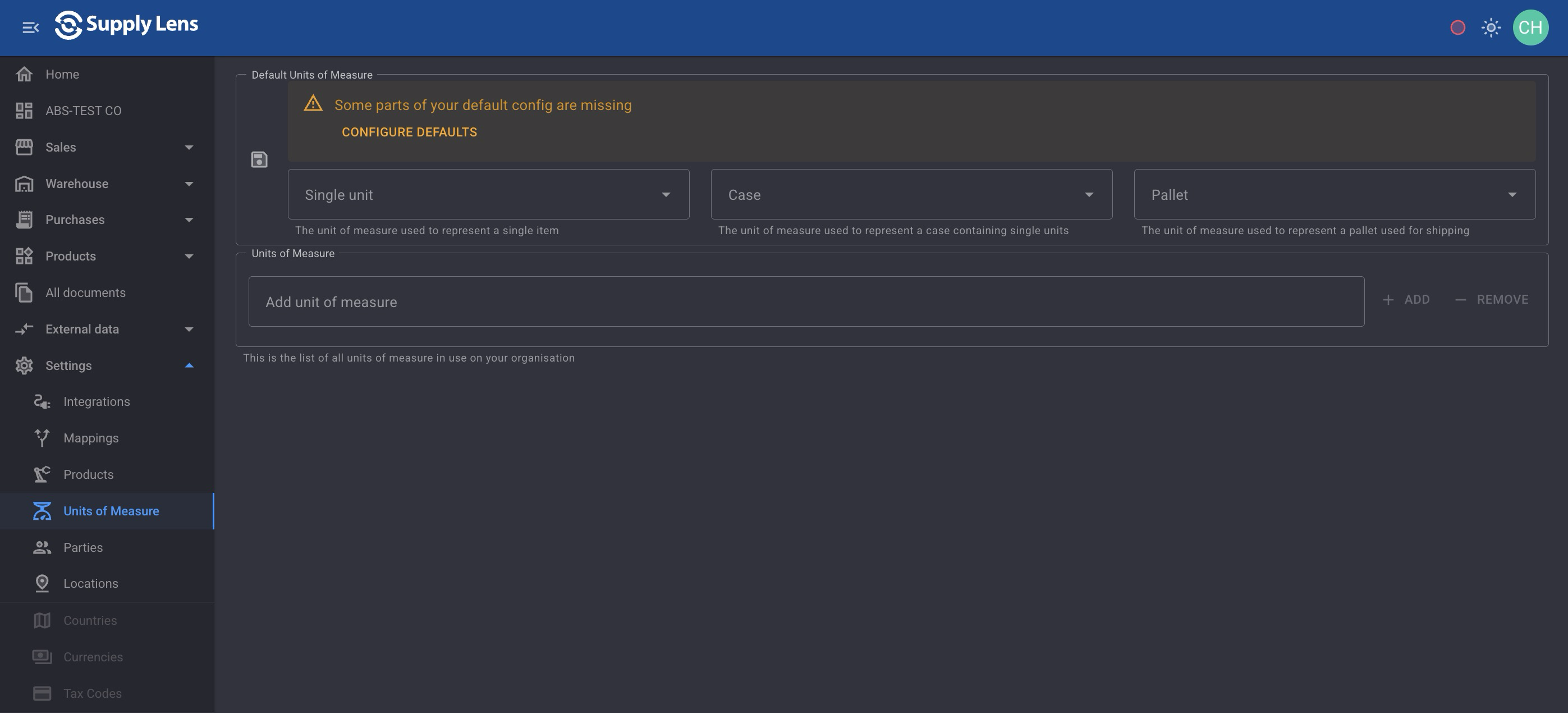 The Units of Measure screen with the CONFIGURE DEFAULTS button