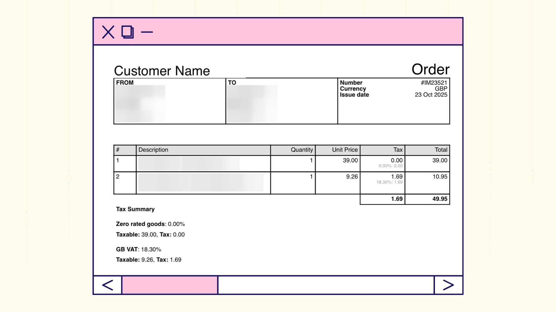 An A4 order print with From and To boxes, number, currency, issue date, lines with tax, and a tax summary