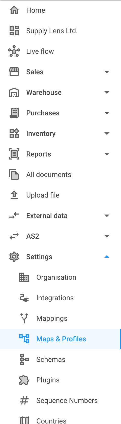 An organisation's Settings menu in Prism with the Maps & Profiles item highlighted