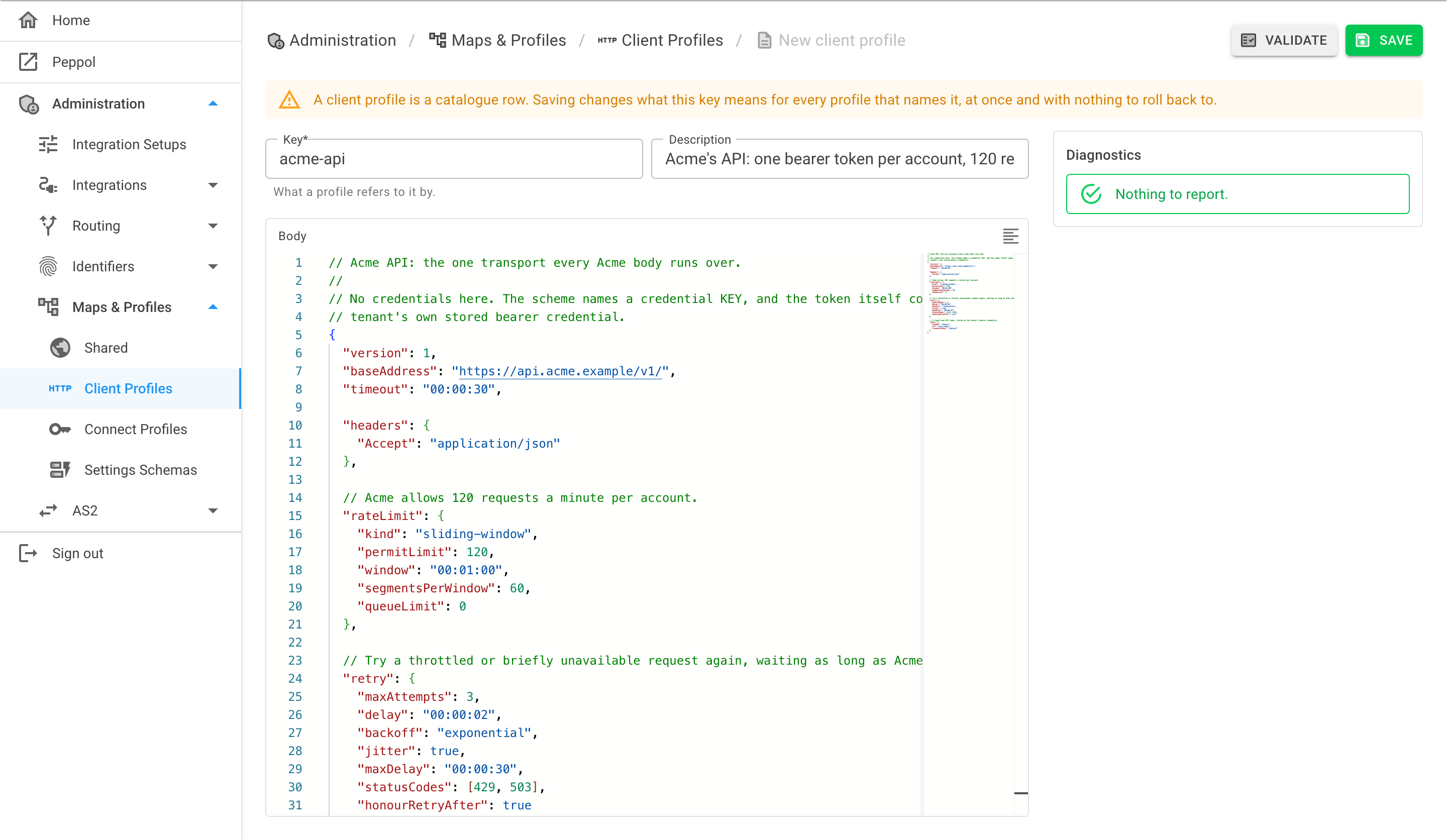 A client profile page showing the Key, Description and Body fields with Validate and Save buttons