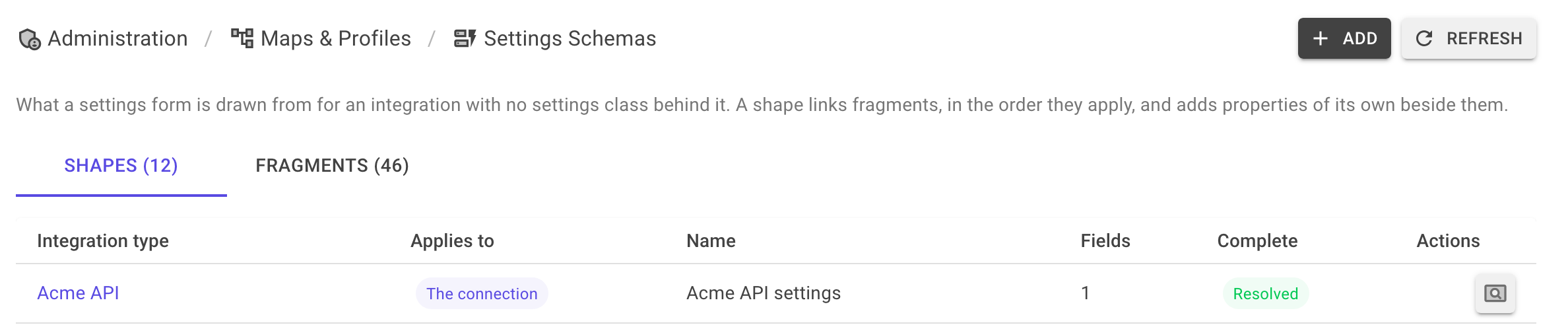 The Settings Schemas page with Shapes and Fragments tabs and a list of settings shapes