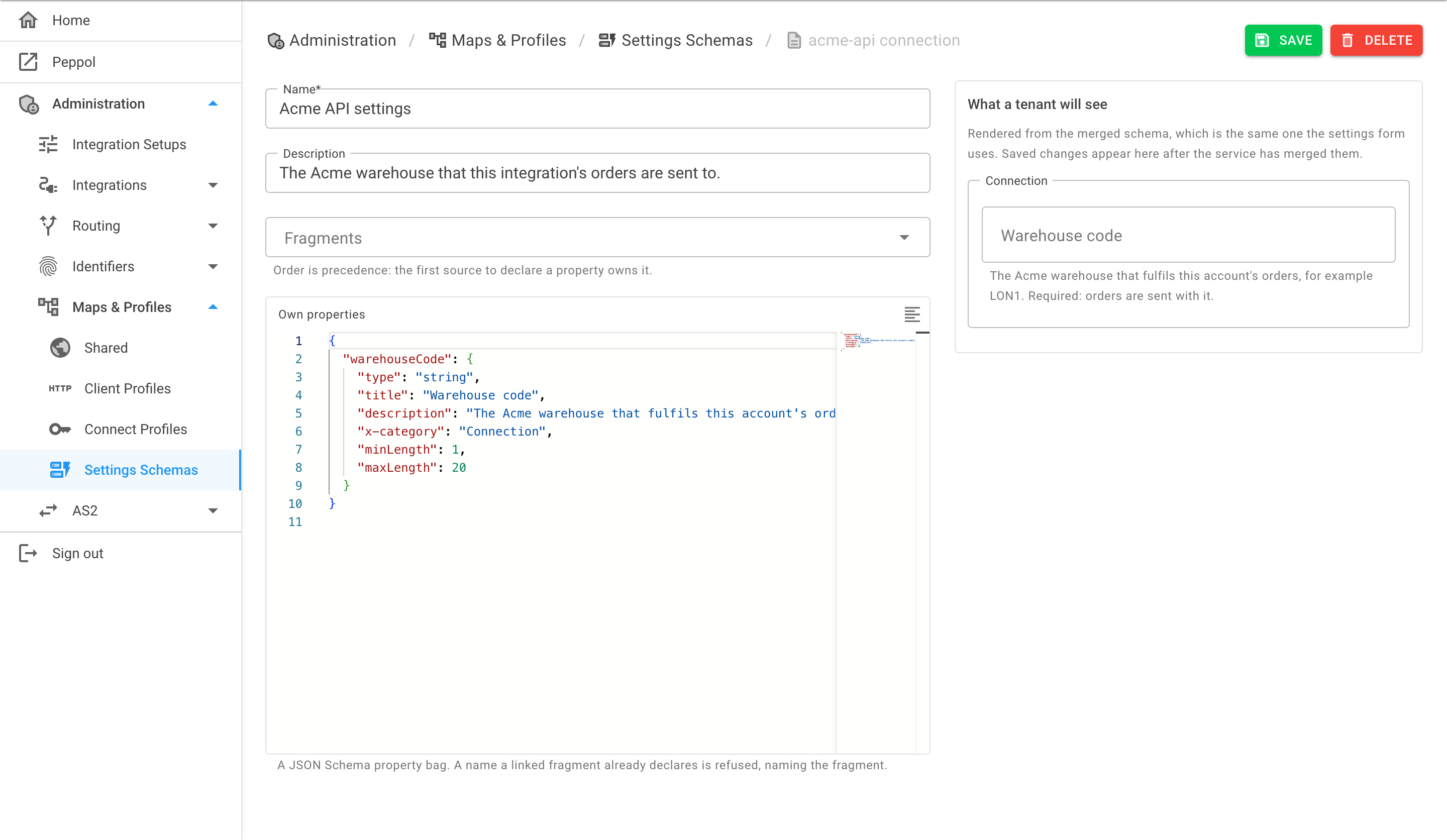 A settings shape page with Integration type, Fragments and Own properties on the left and a What a tenant will see preview of the form on the right