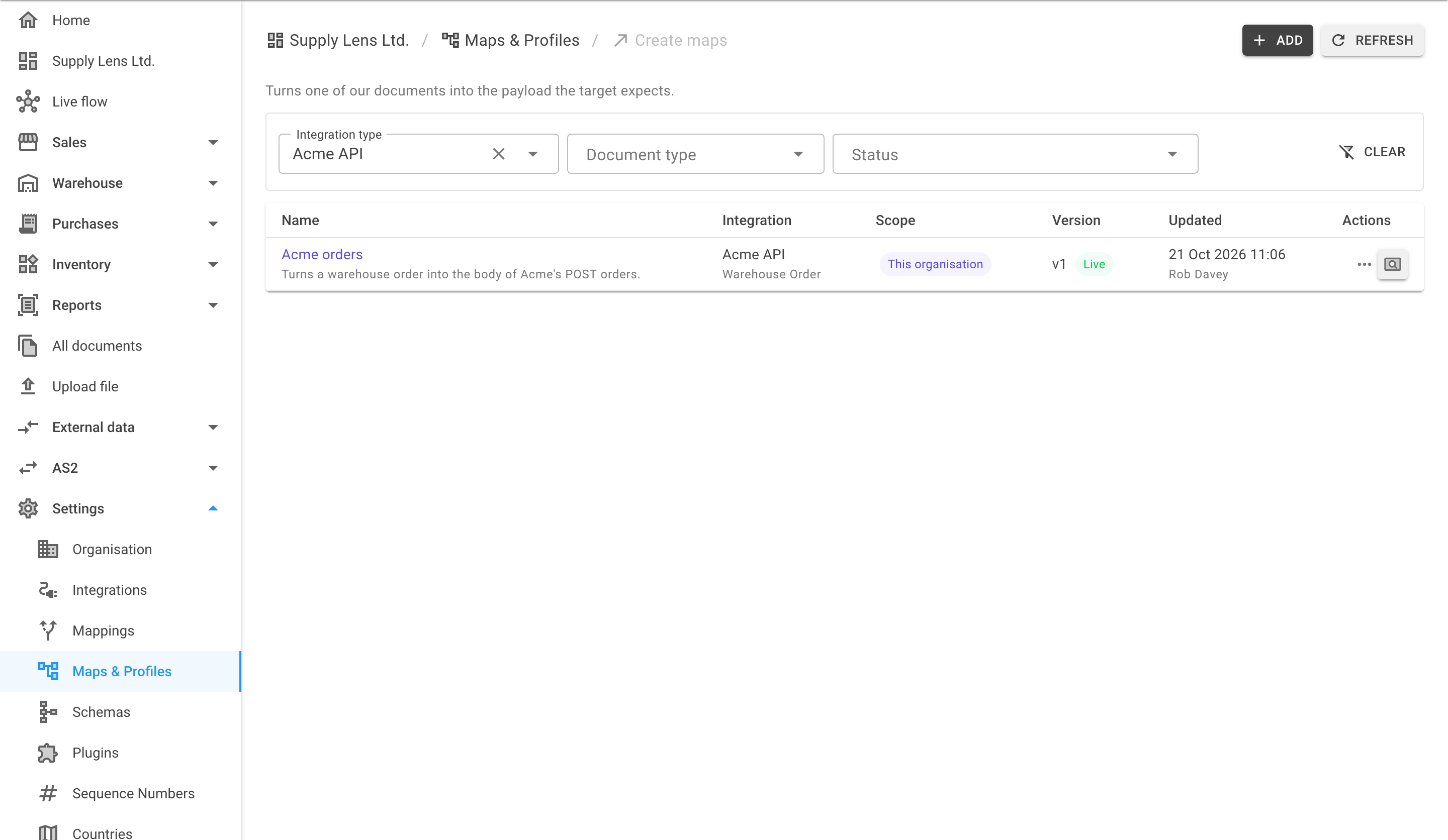 The Create maps list with Integration type, Document type and Status filters, and columns for Name, Integration, Scope, Version and Updated