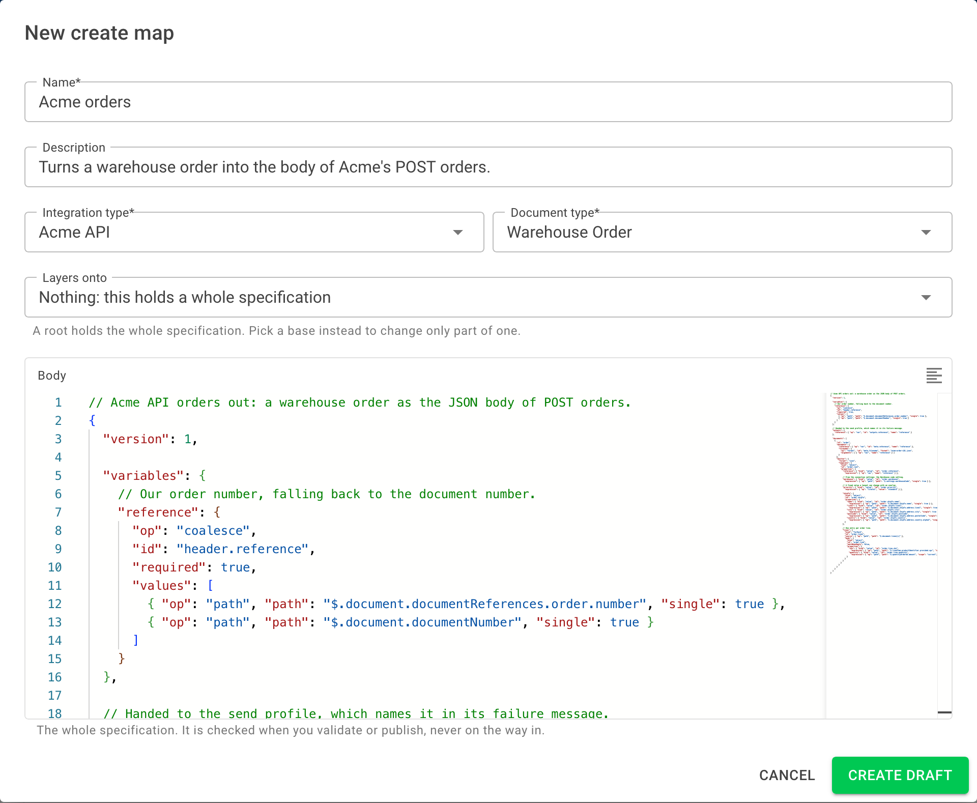 The New create map dialog with Name, Description, Integration type, Document type, Layers onto and Body fields, and a Create draft button