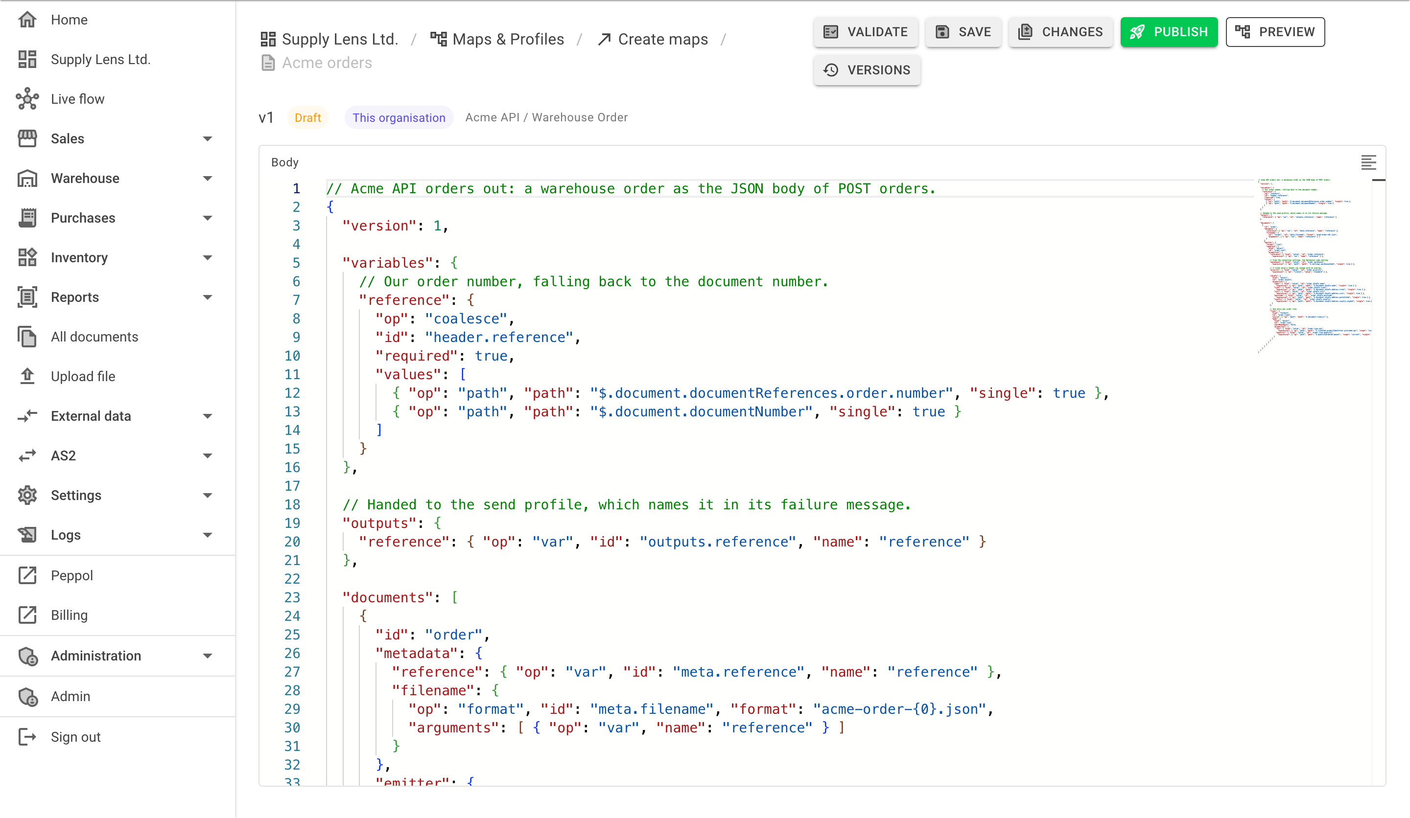 A draft create map page showing the version and Draft status, scope and integration chips, the body editor, and Validate, Save, Changes, Publish, Preview and Versions buttons