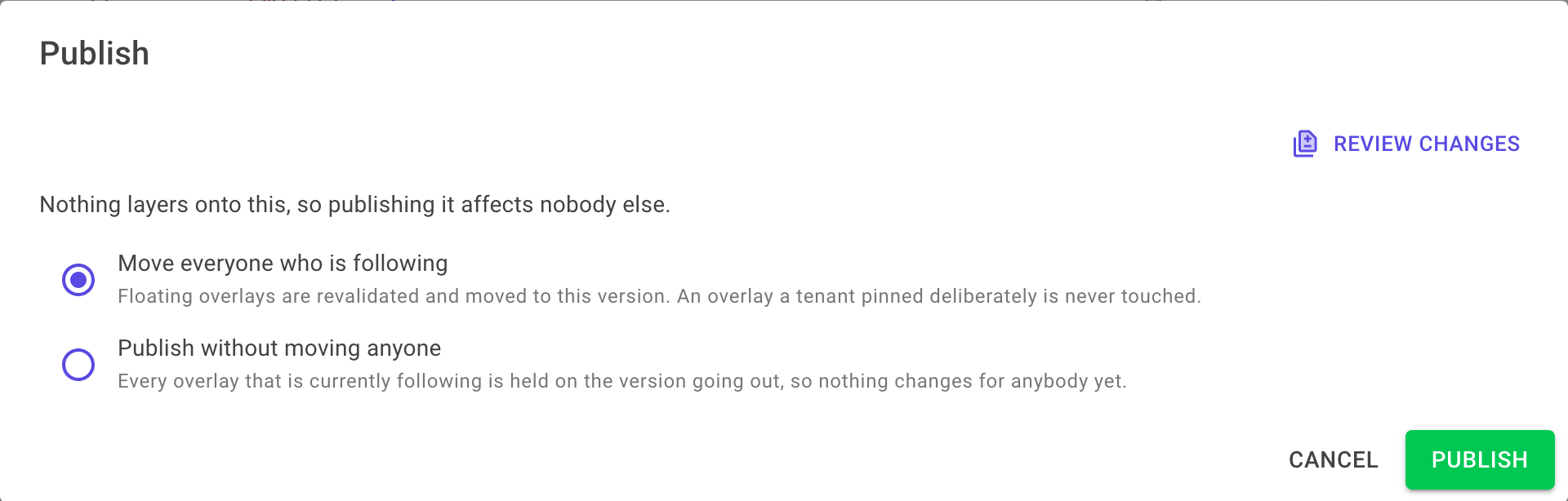 The Publish dialog with a note about extra checks for this kind, a list of overlays that layer onto the definition with Review changes, and options for what happens to overlays that follow it