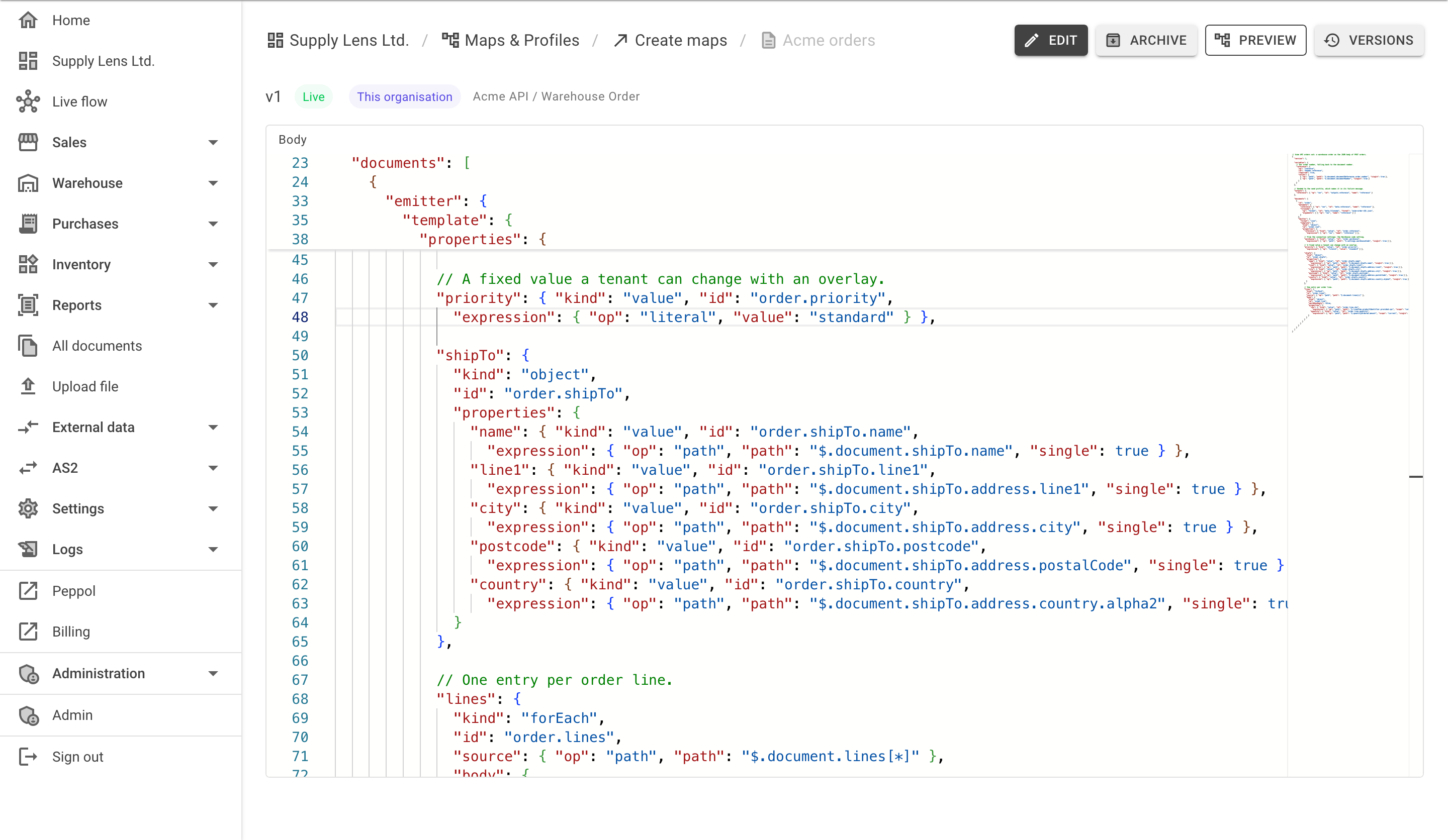 A published create map page with a green Live status and Edit, Archive, Preview and Versions buttons