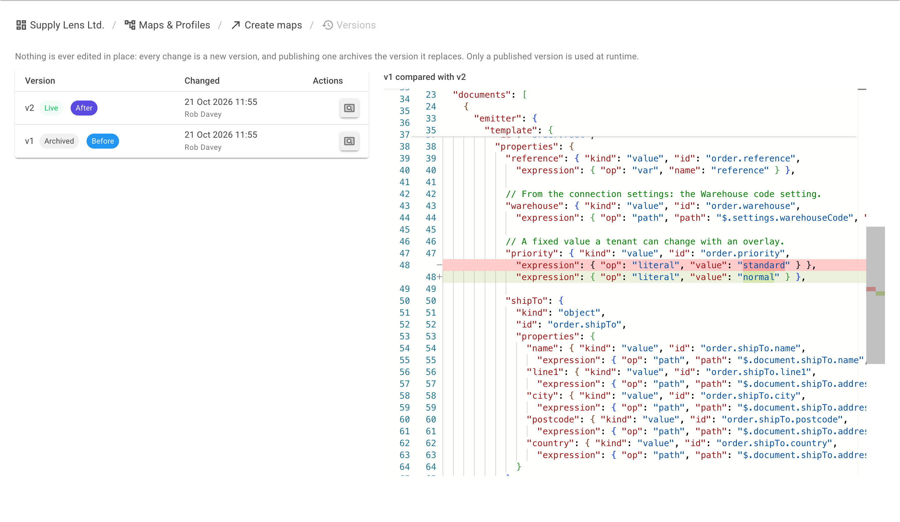 The version history of a create map listing each version with its status and when it changed, with two versions selected as Before and After and the differences shown below