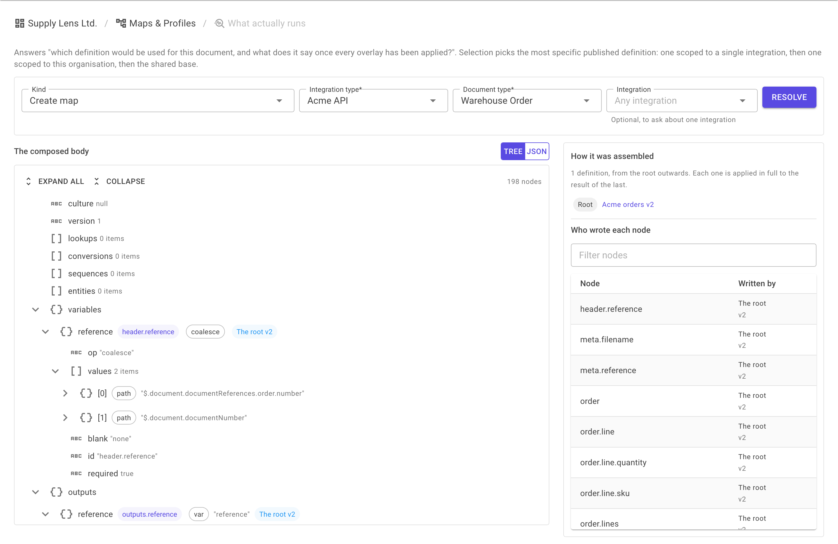 The What actually runs page with Kind, Integration type, Document type and Integration selectors, a Resolve button, and results showing the composed body, how it was assembled, and who wrote each node