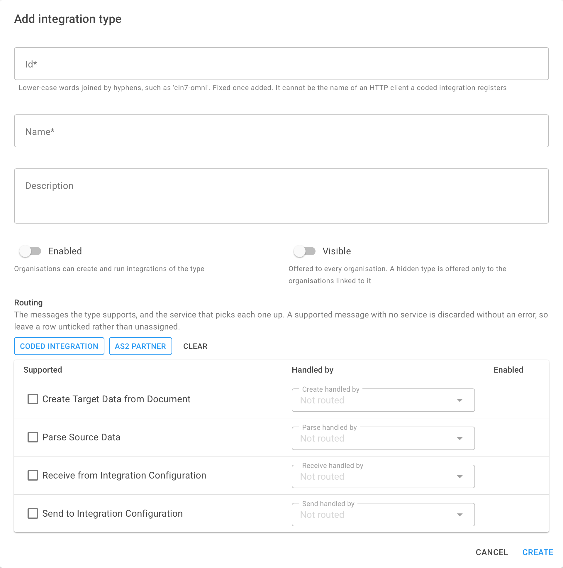 The Add integration type dialog with Id, Name, Description, Enabled and Visible fields above an empty Routing table