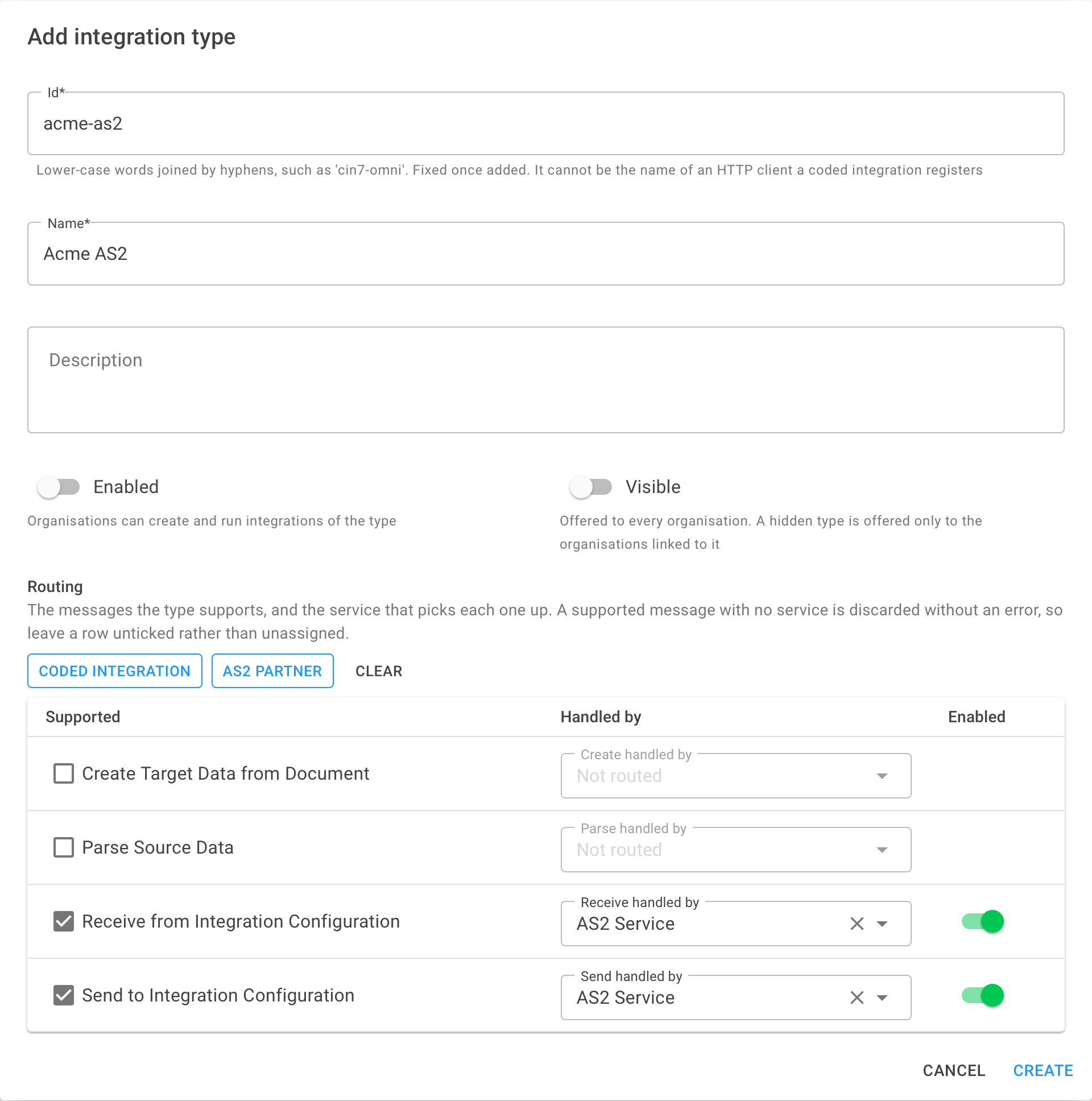 The Add integration type dialog after selecting AS2 partner, with Send and Receive ticked and handled by AS2 Service