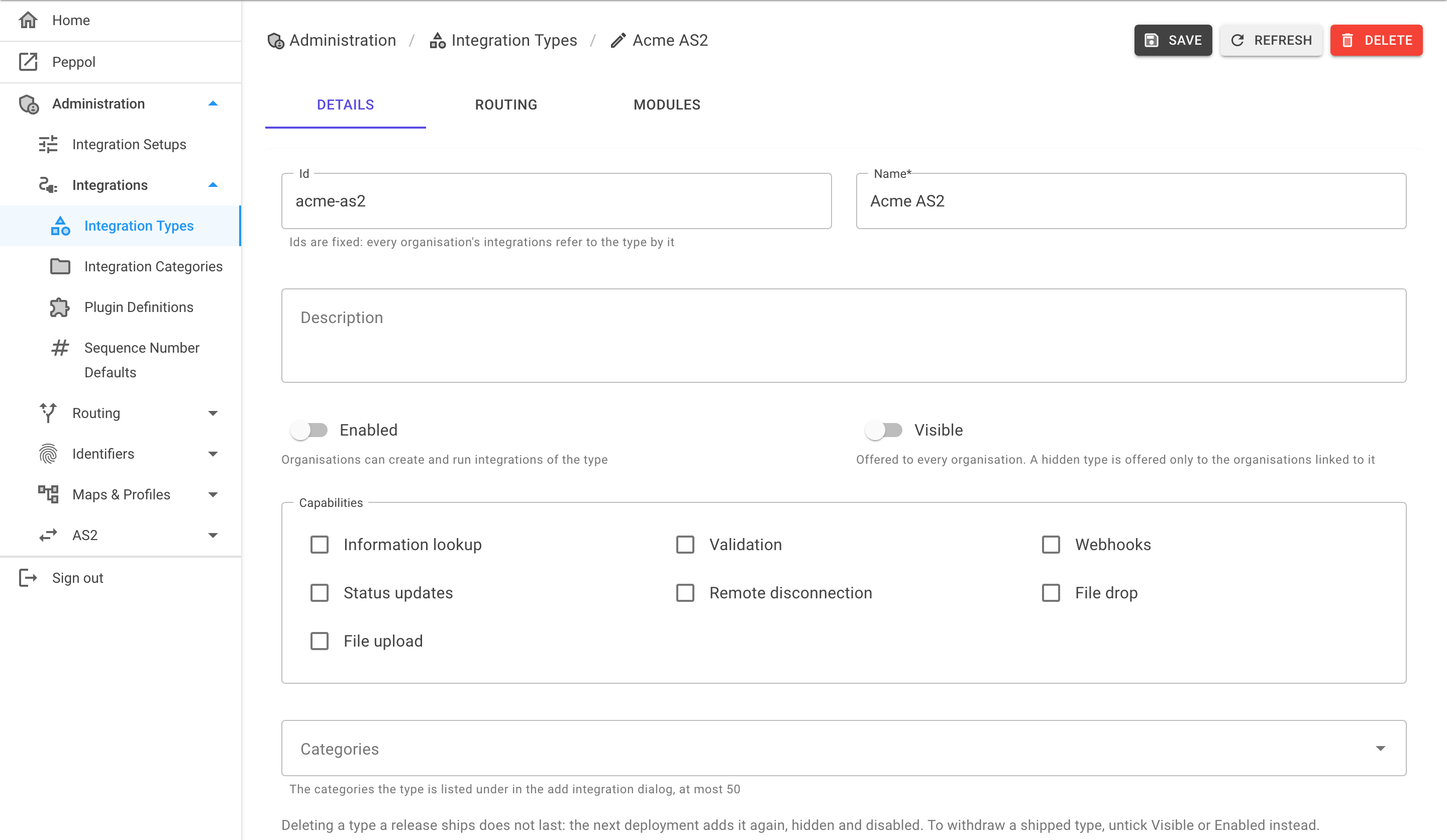 An integration type page with the Details, Routing and Modules tabs across the top