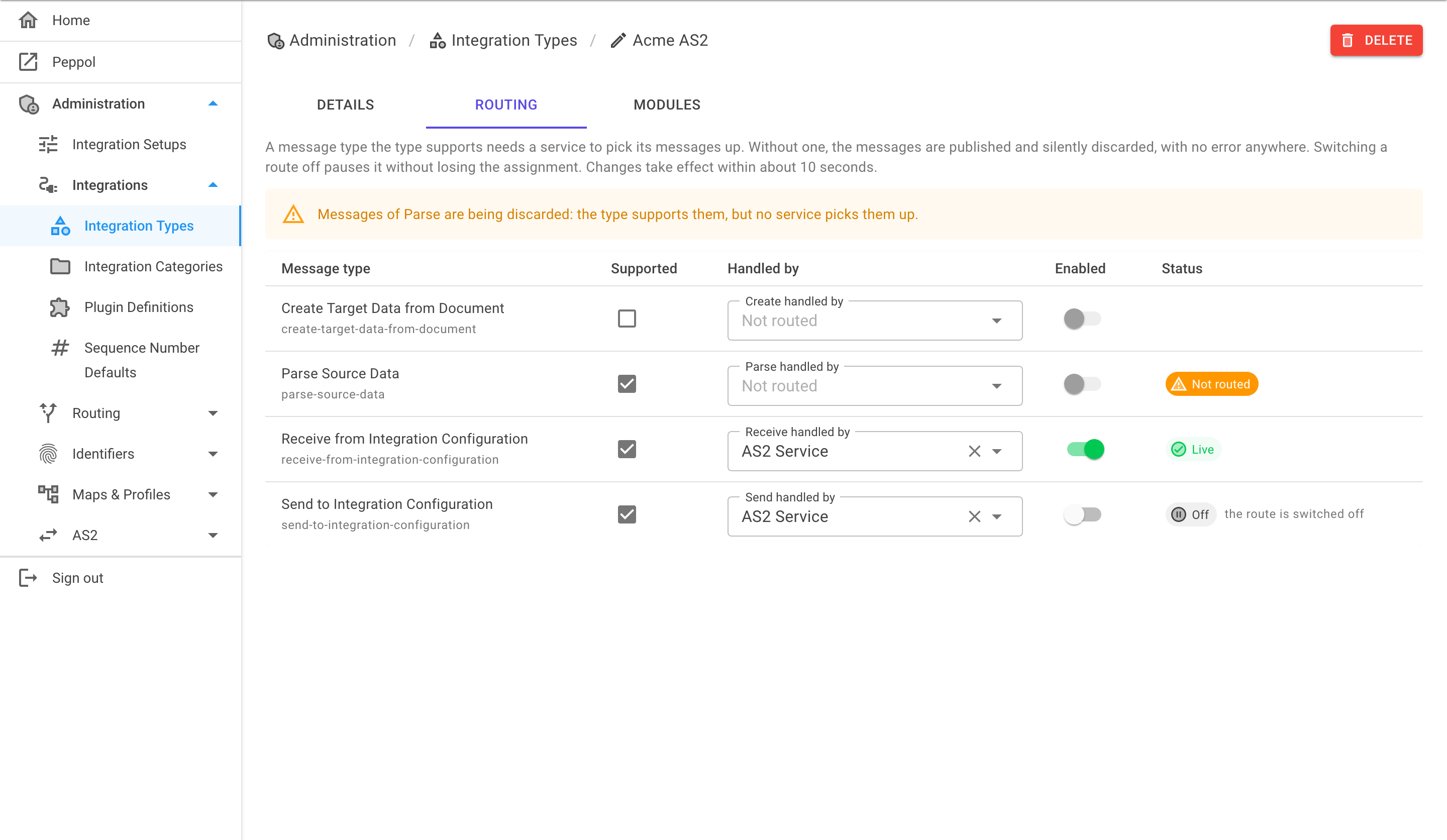 The Routing tab of an integration type, with a row for each message type and columns for Supported, Handled by, Enabled and Status