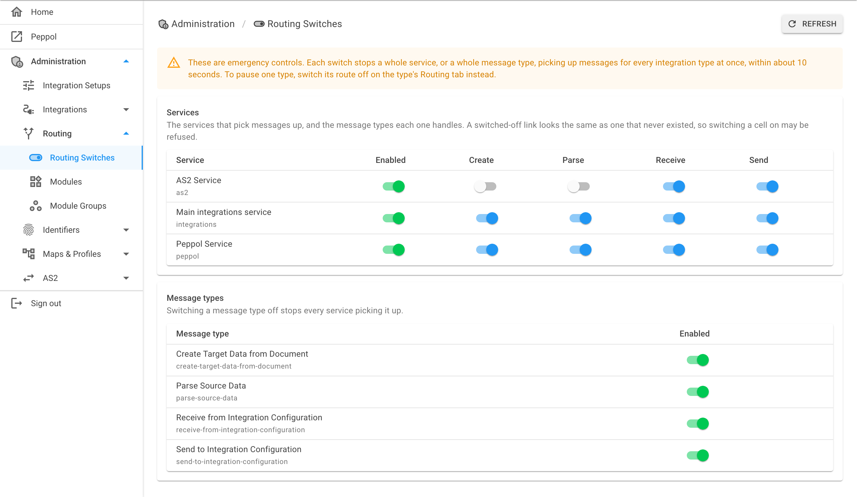 The Routing Switches page with a Services table and a Message types table