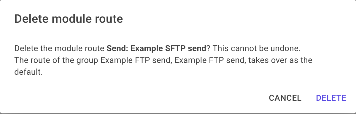 A delete confirmation dialog explaining which route will take over after the deletion