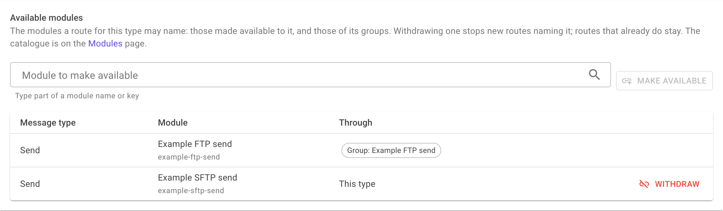 The Available modules card listing modules with their message type and whether they are available through this type or a group