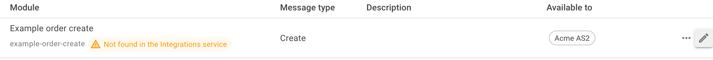 A module row on the Modules page showing the Not found in the Integrations service warning
