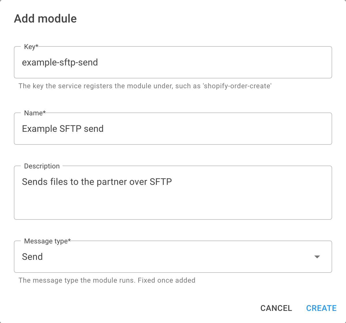 The Add module dialog with Key, Name, Description and Message type fields