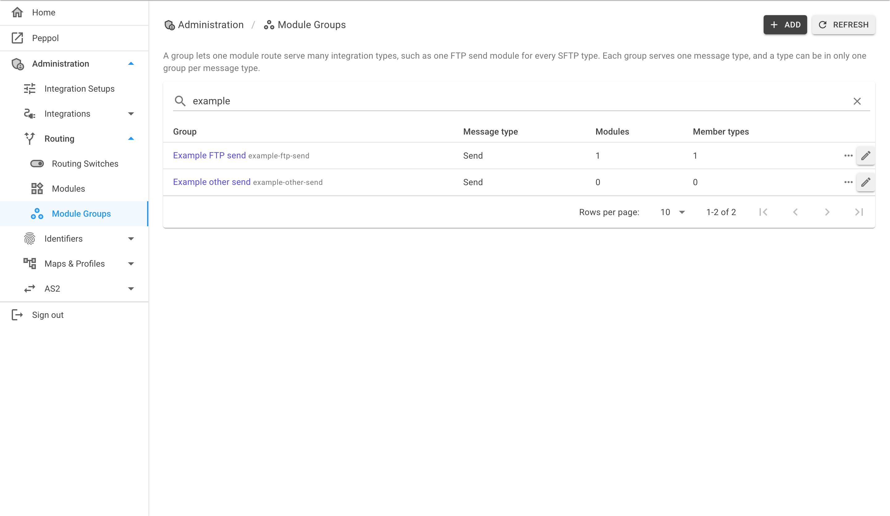 The Module Groups page listing groups with their message type, number of modules and number of member types