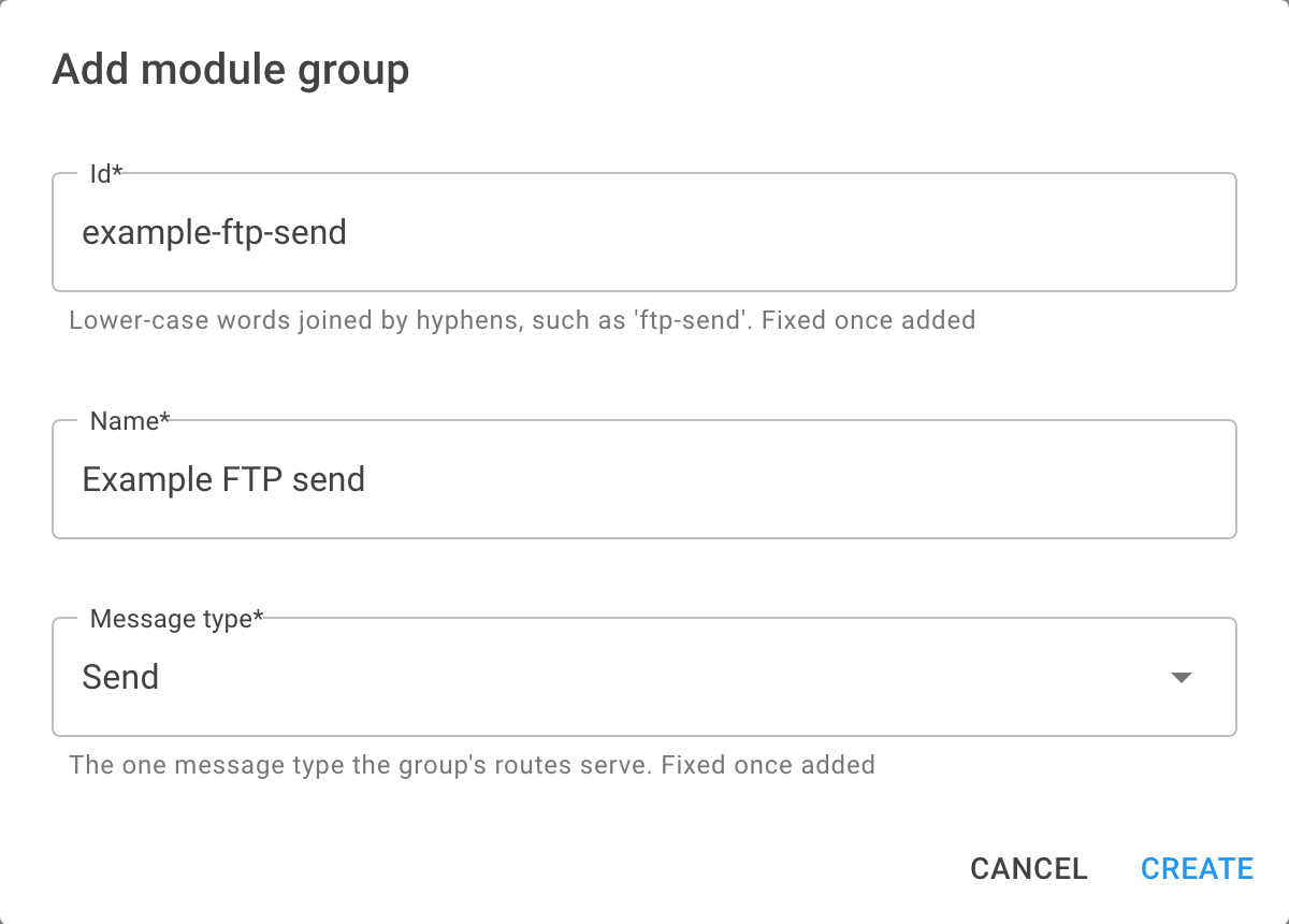 The Add module group dialog with Id, Name and Message type fields