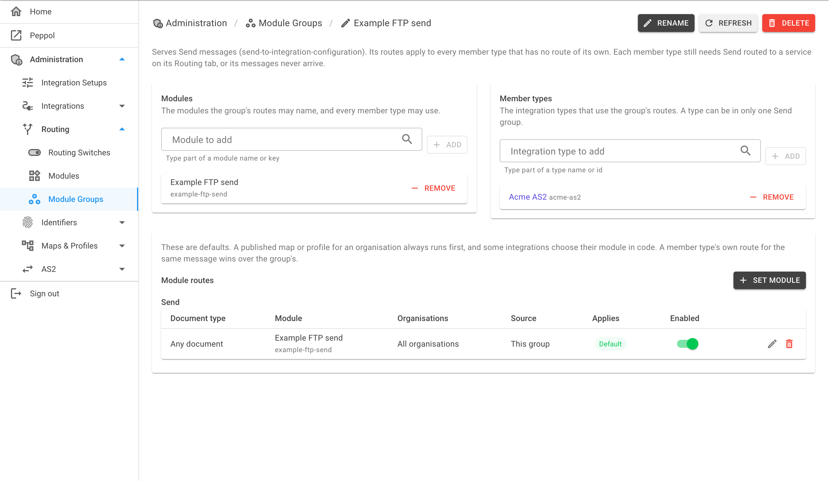 A module group page with its message type at the top, a Modules card, a Member types card and a routes card