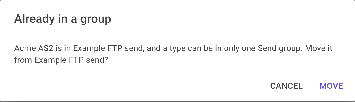 A dialog asking whether to move the integration type from its current group, with Move and Cancel buttons